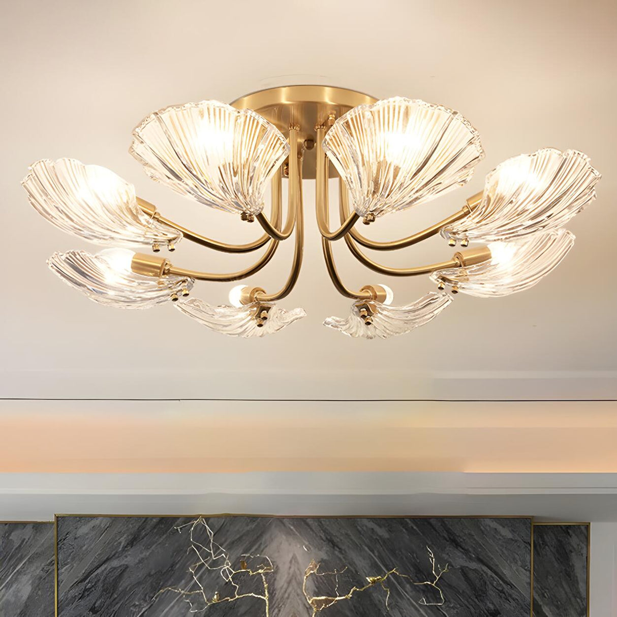 Large Gold Scallop-Shaped Crystal Semi-Flush Mount Lamp Image - 3