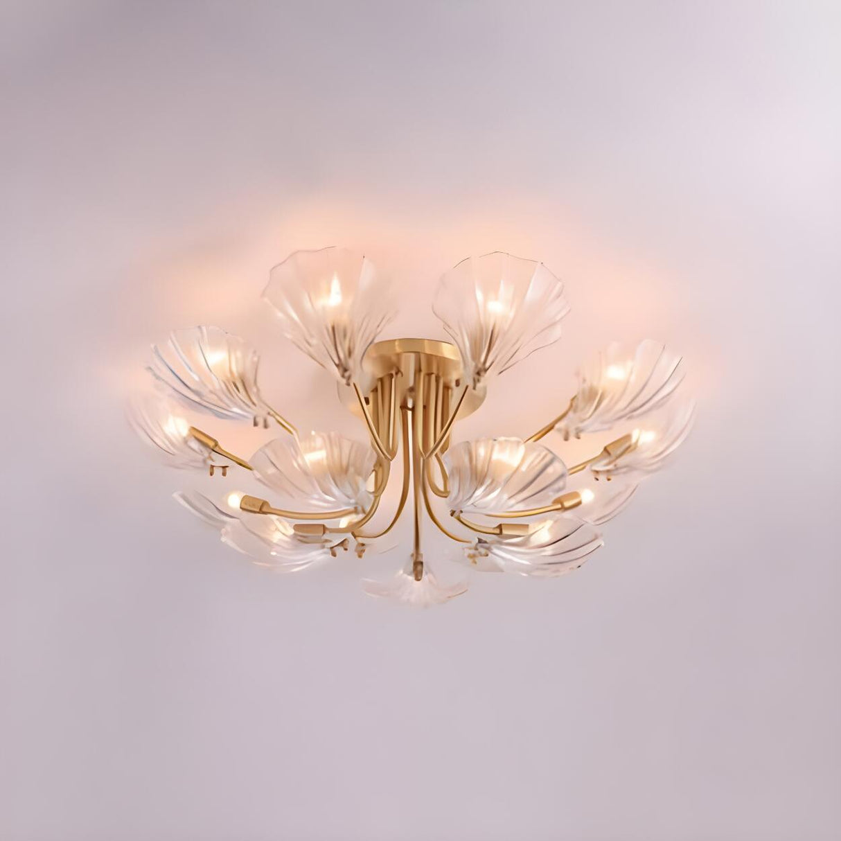 Large Gold Scallop-Shaped Crystal Semi-Flush Mount Lamp Image - 6