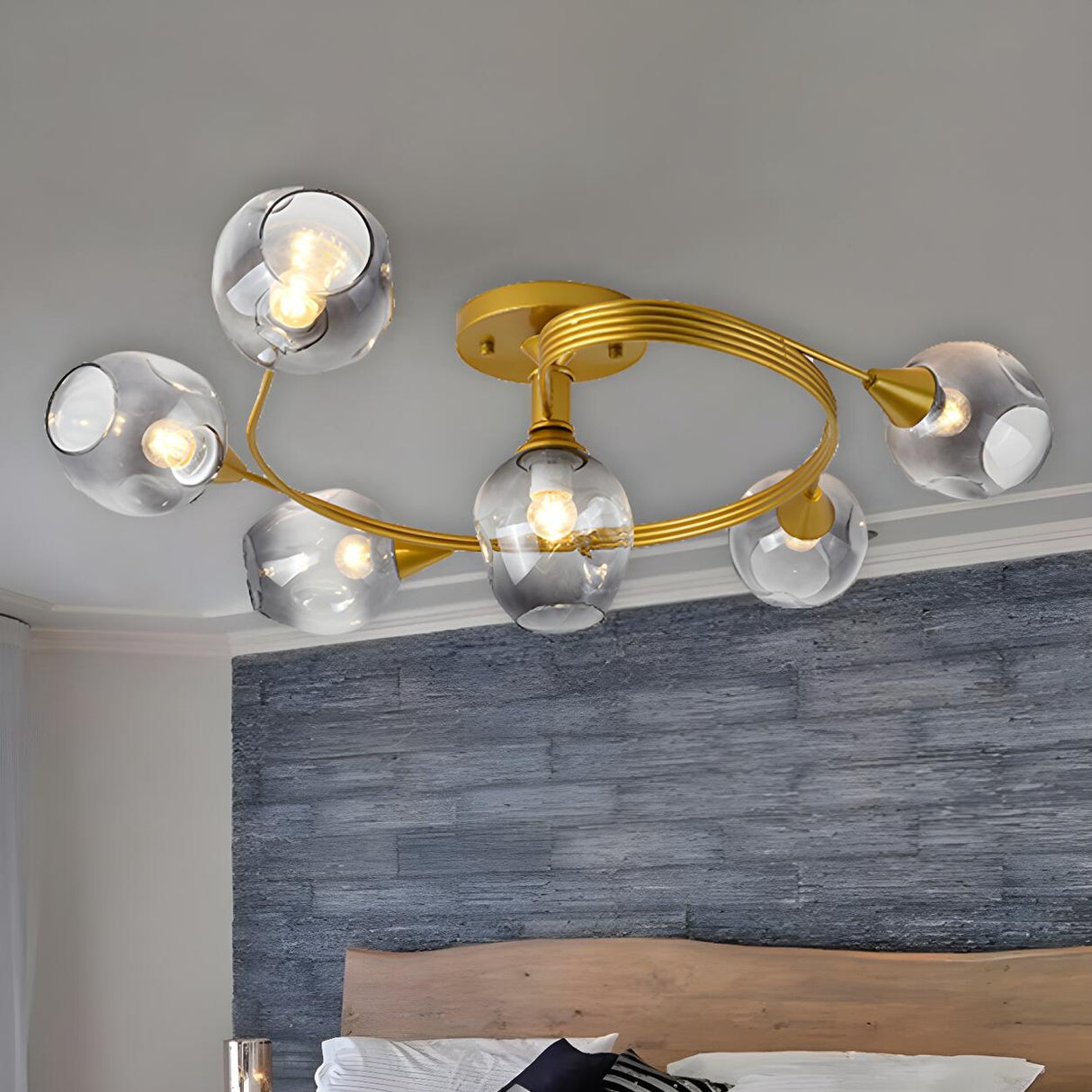 Large Gold Twist Arm Bud-Shaped Glass Flush Mount Light Image - 7