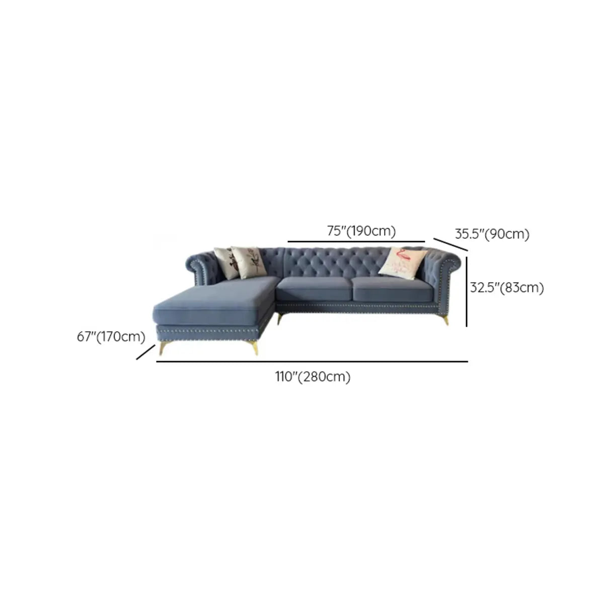 Large Gray Velvet Flared Arm Tufted Back Sofa Chaise 