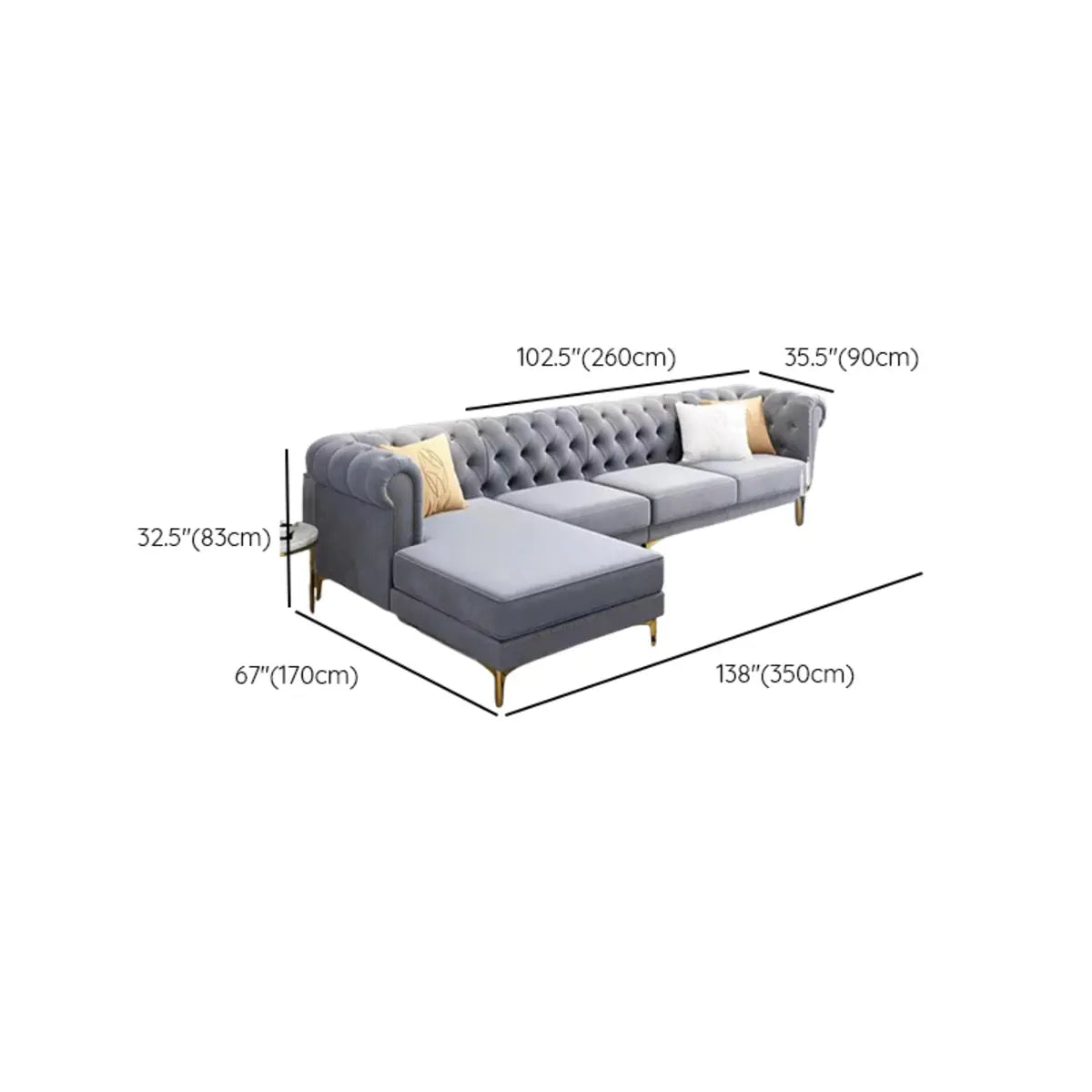 Large Gray Velvet Flared Arm Tufted Back Sofa Chaise Image - 7