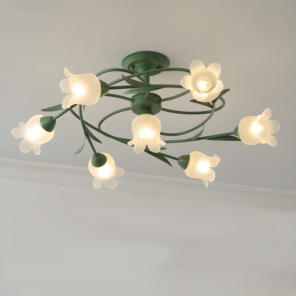 Large Green Branch Floral Semi-Flush Mount Ceiling Lamp Image - 3