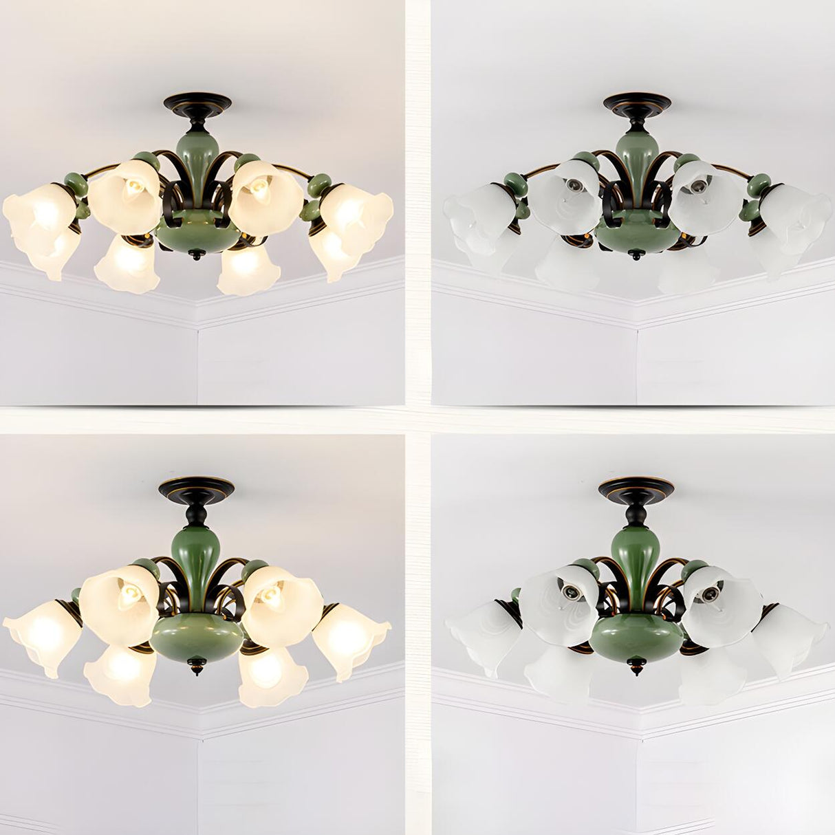 Large Green Floral Glass Semi-Flush Mount Lamp 10-Light Image - 10