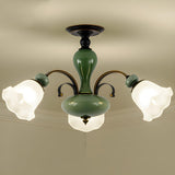 Large Green Floral Glass Semi-Flush Mount Lamp 10-Light Image - 5