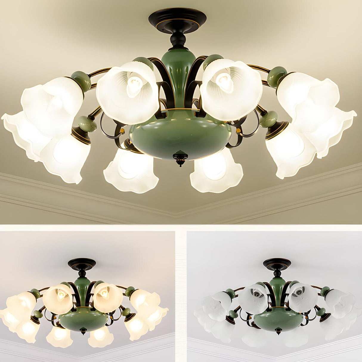 Large Green Floral Glass Semi-Flush Mount Lamp 10-Light Image - 9