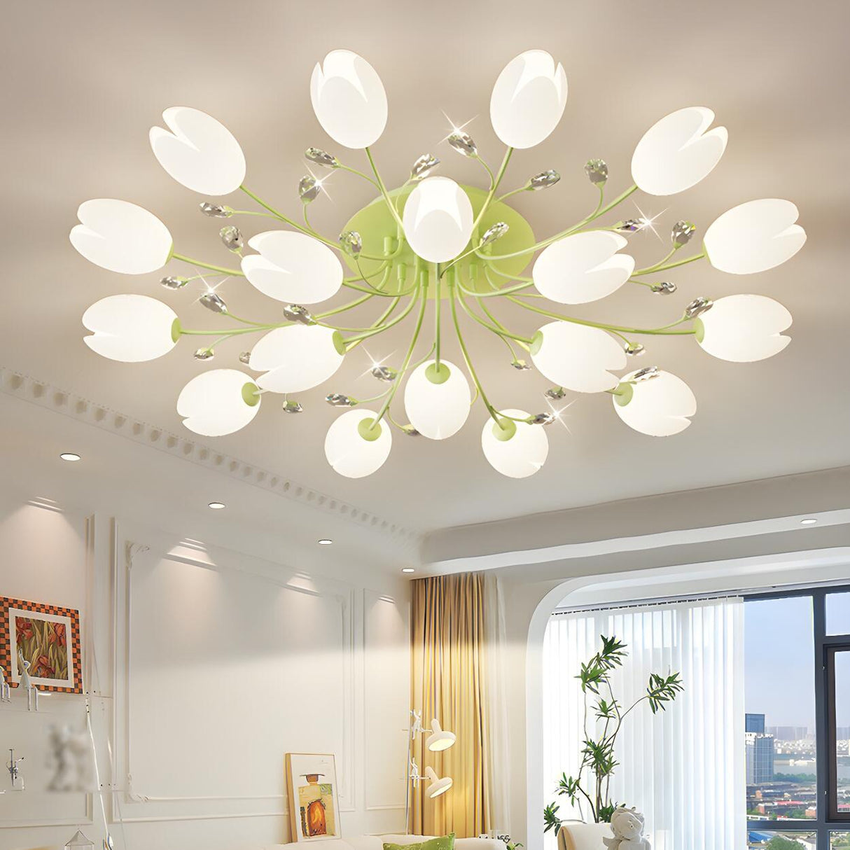 Large Green Tulip Crystal Semi-Flush Mount Ceiling Lamp Image - 1