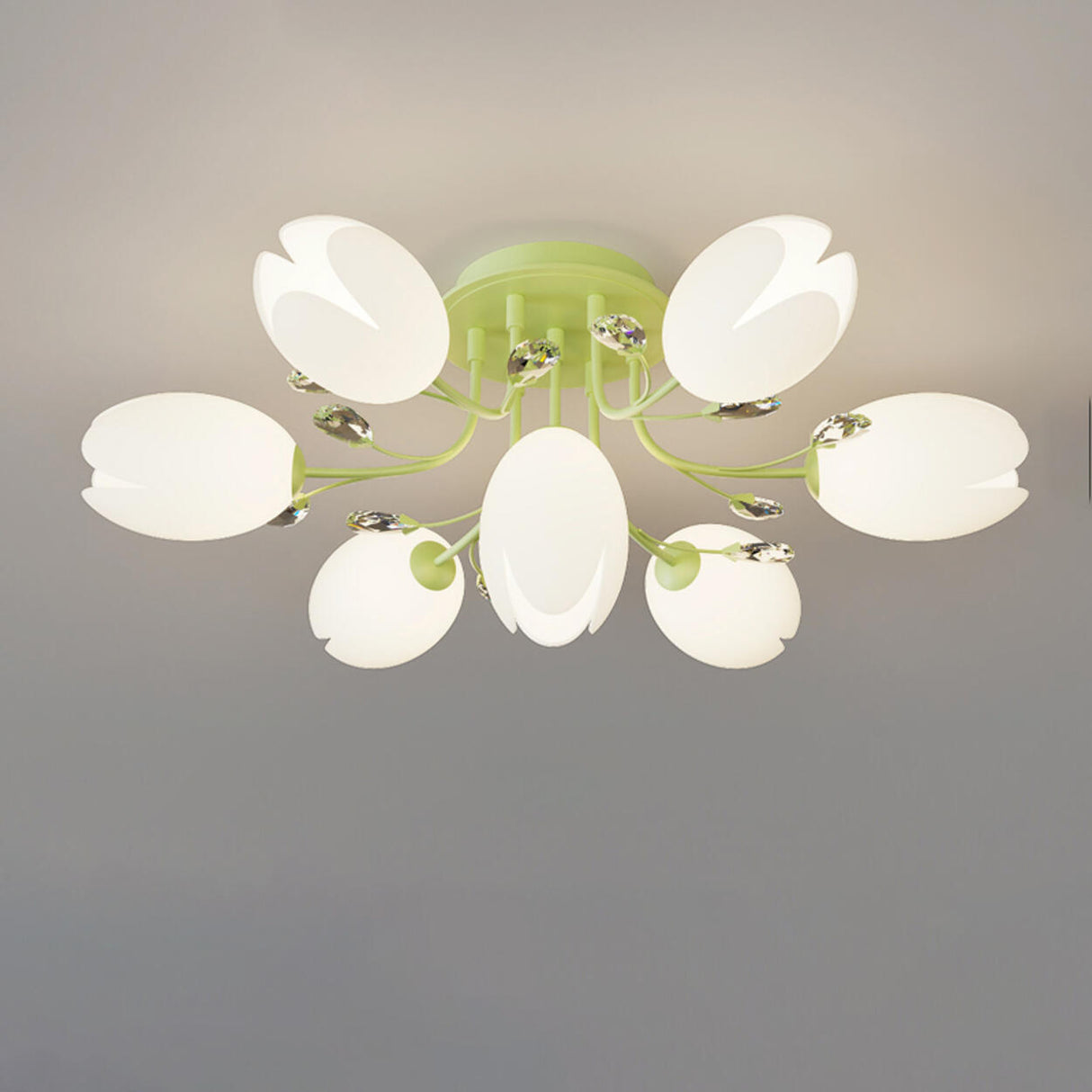 Large Green Tulip Crystal Semi-Flush Mount Ceiling Lamp Image - 15