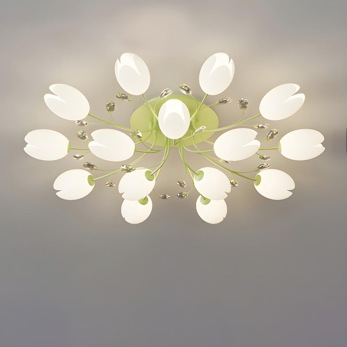 Large Green Tulip Crystal Semi-Flush Mount Ceiling Lamp Image - 16