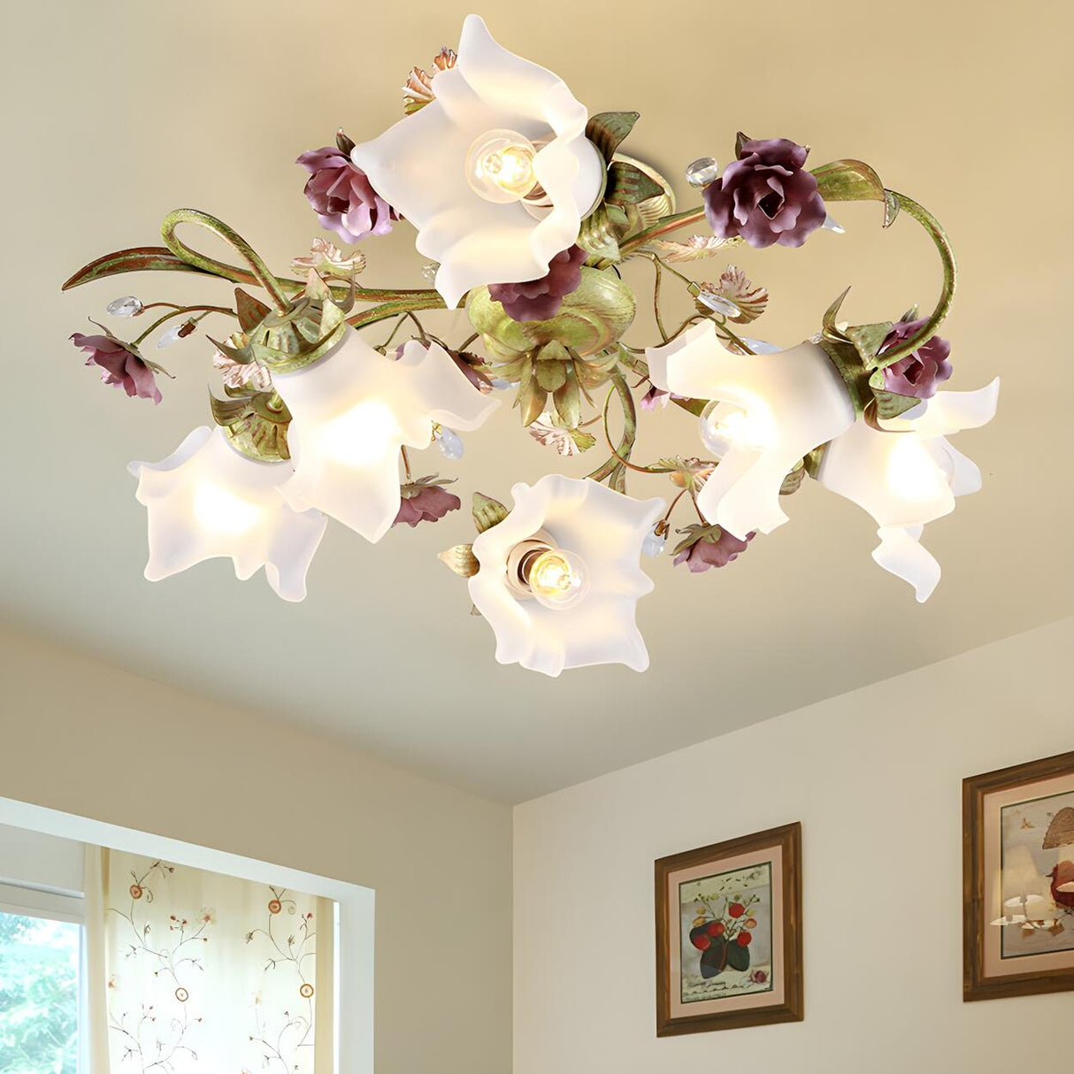 Large Pastoral Floral Flush Mount Ceiling Light 6-Light Image - 1