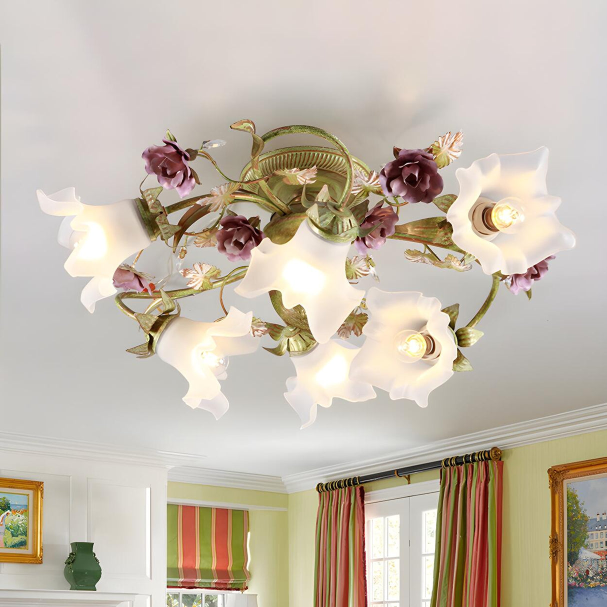 Large Pastoral Floral Flush Mount Ceiling Light 6-Light Image - 2