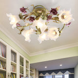 Large Pastoral Floral Flush Mount Ceiling Light 6-Light Image - 3