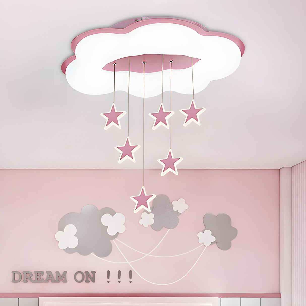 Large Pink Cloud Hanging Star LED Flush Mount Light Image - 1