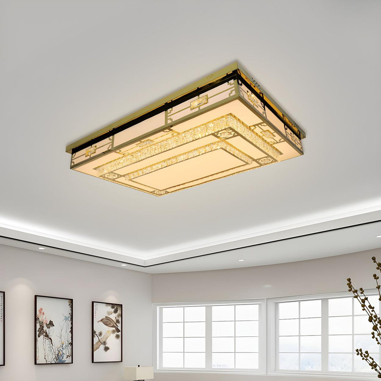 Large Rectangular Crystal LED Flush Mount Ceiling Light Image - 1