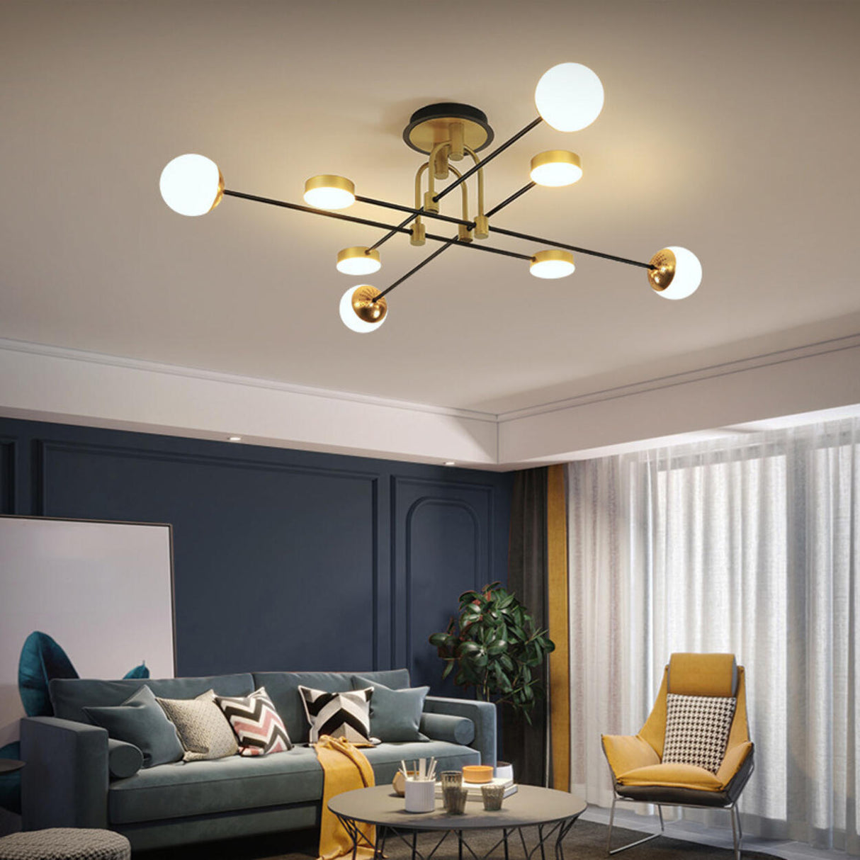 Large Sputnik Gold Semi-Flush Mount Light Living Room Image - 7