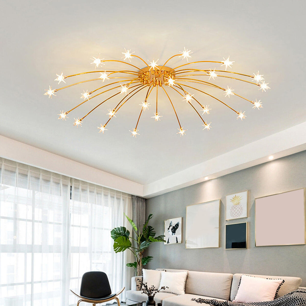 Large Starburst Gold Flush Mount Light Living Room Image - 3