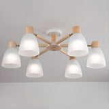 Large Wood White Glass Semi-Flush Mount Lamp 6-Light Image - 10