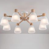 Large Wood White Glass Semi-Flush Mount Lamp 6-Light Image - 8