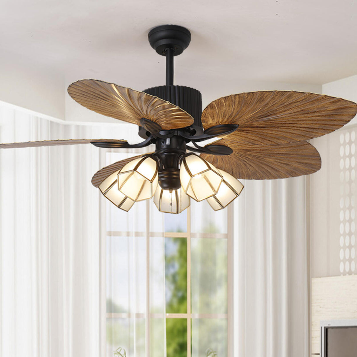 Leaf-shaped Blade Flower Shades Ceiling Fan with Light Image - 1