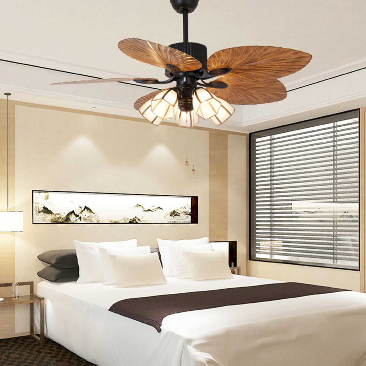 Leaf-shaped Blade Flower Shades Ceiling Fan with Light Image - 4