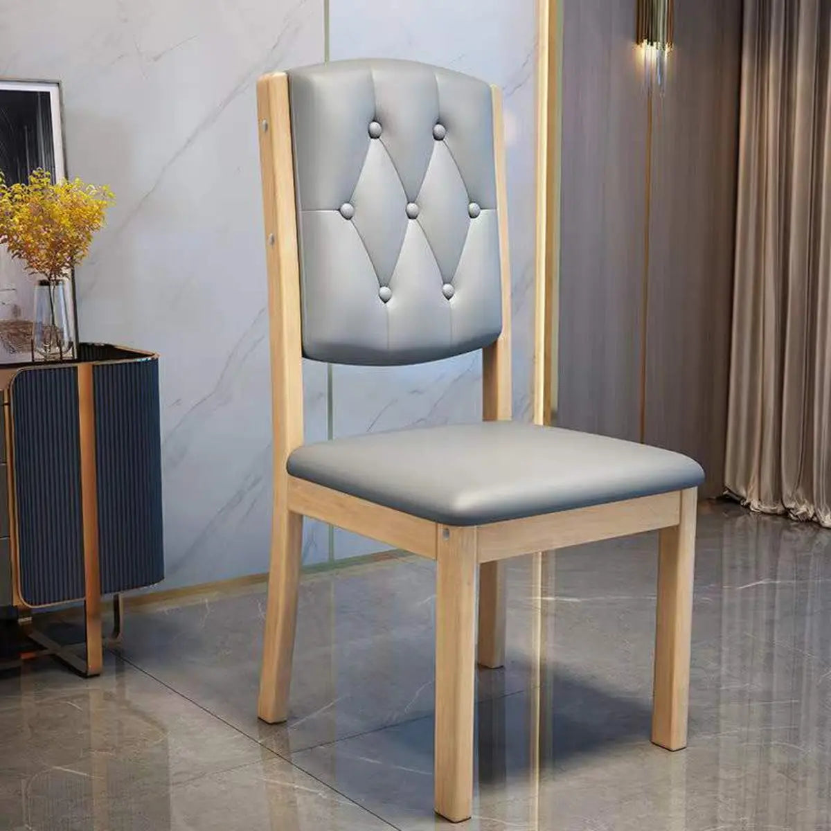 Leather Backrest Rubberwood Square Dining Chair Grey Image - 13