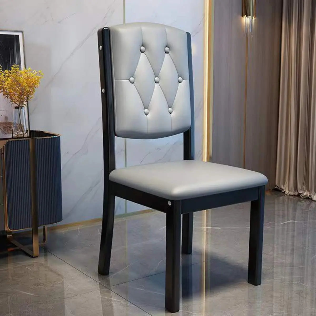 Leather Backrest Rubberwood Square Dining Chair Grey Image - 14