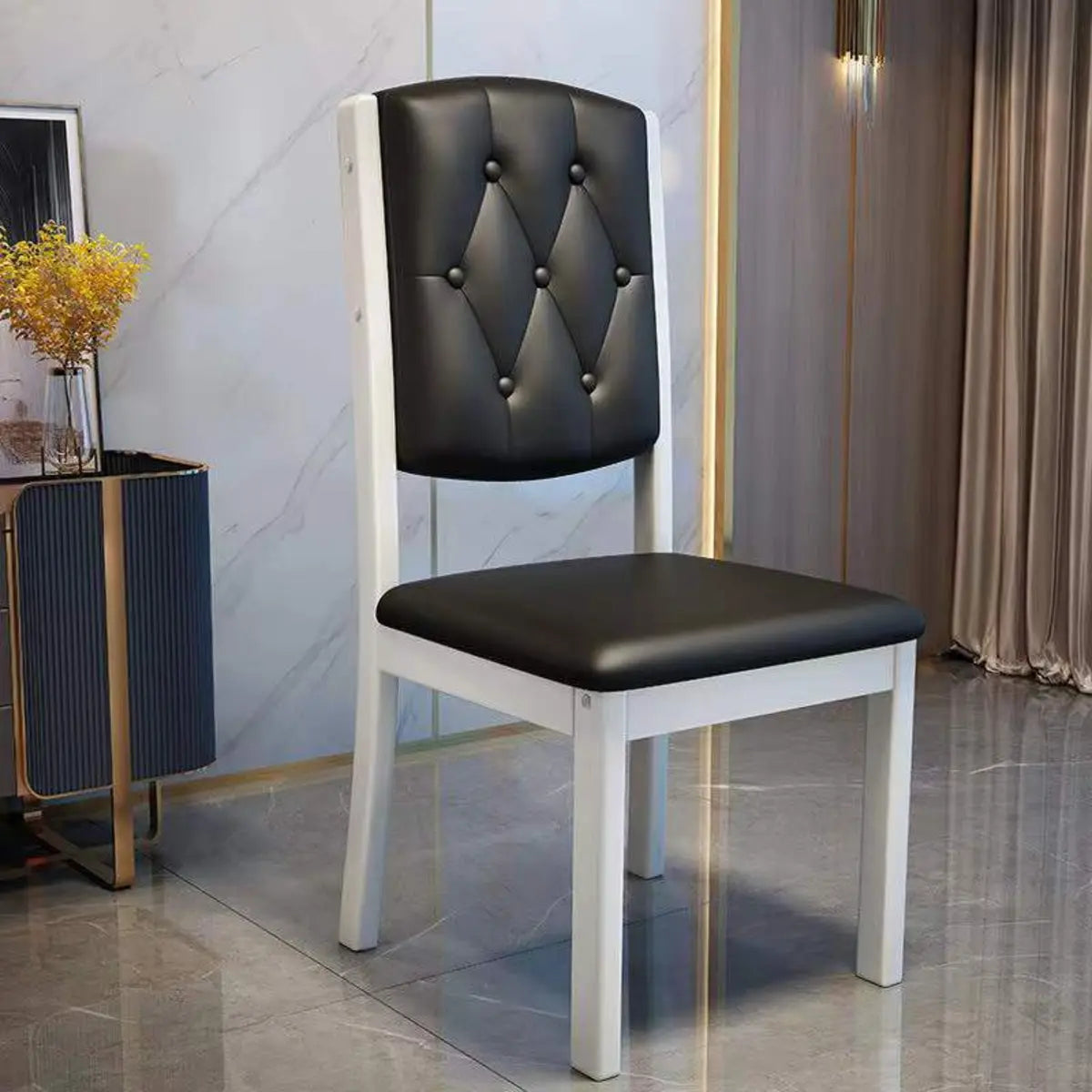 Leather Backrest Rubberwood Square Dining Chair Grey Image - 7