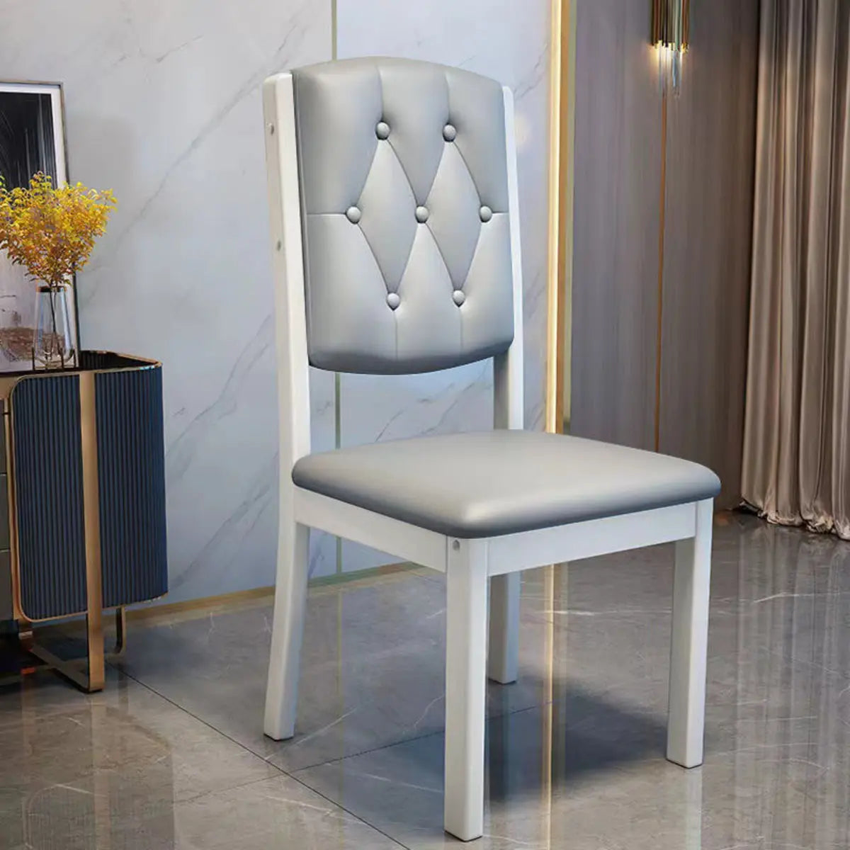 Leather Backrest Rubberwood Square Dining Chair Grey Image - 9