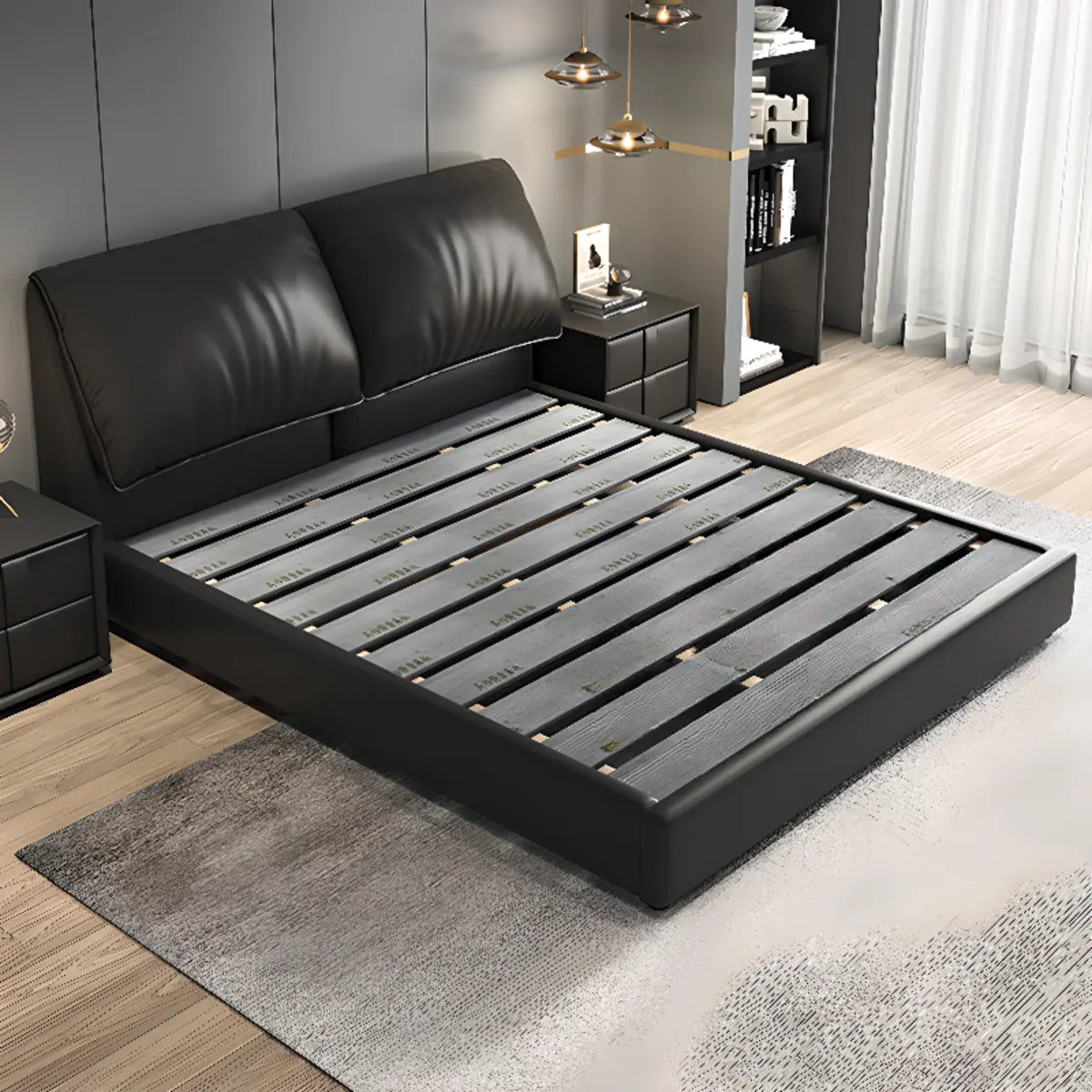 Leather Black Modern Queen Panel Bed with Headboard Image - 3