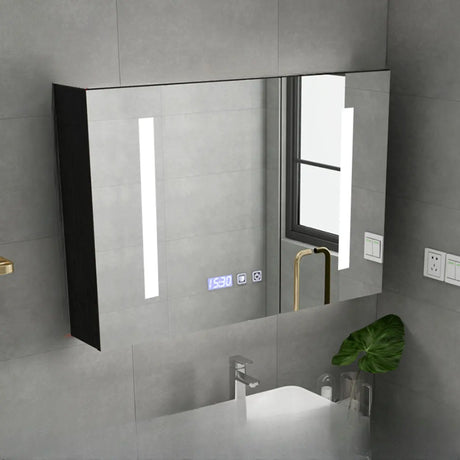 LED Mirrored Rectangle Wood Black Medicine Cabinet Image - 2