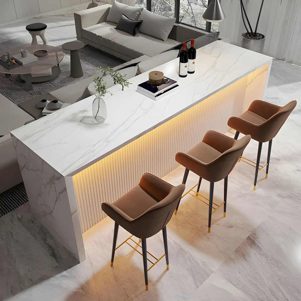 LED Modern White Rectangular Marble Tall Bar Table Image - 4