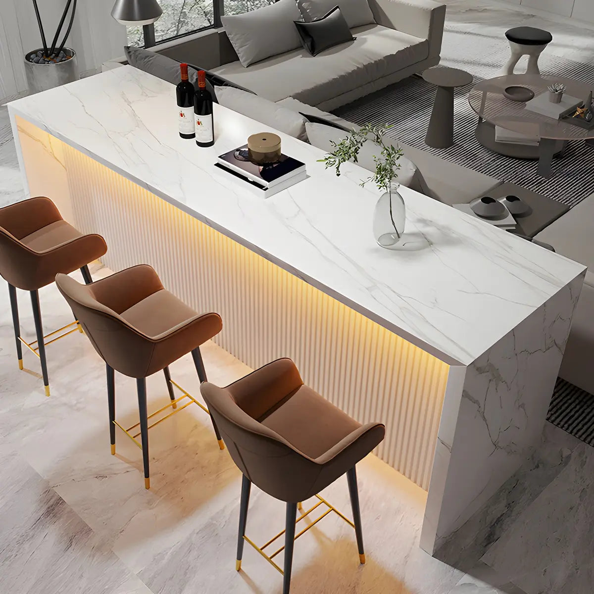 LED Modern White Rectangular Marble Tall Bar Table Image - 8