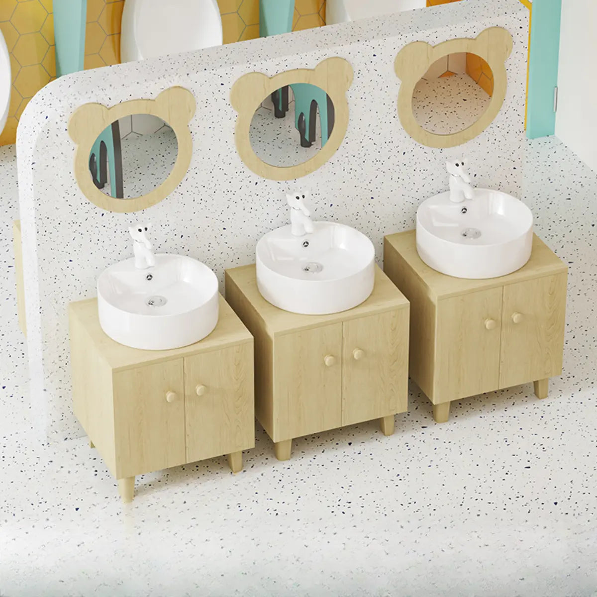 Lemon Bear Shape Wood Triple Bathroom Vanity with Cabinet Image - 10