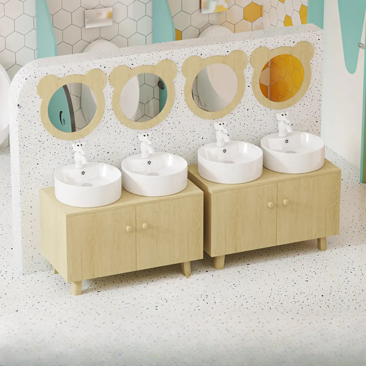 Lemon Bear Shape Wood Triple Bathroom Vanity with Cabinet Image - 11