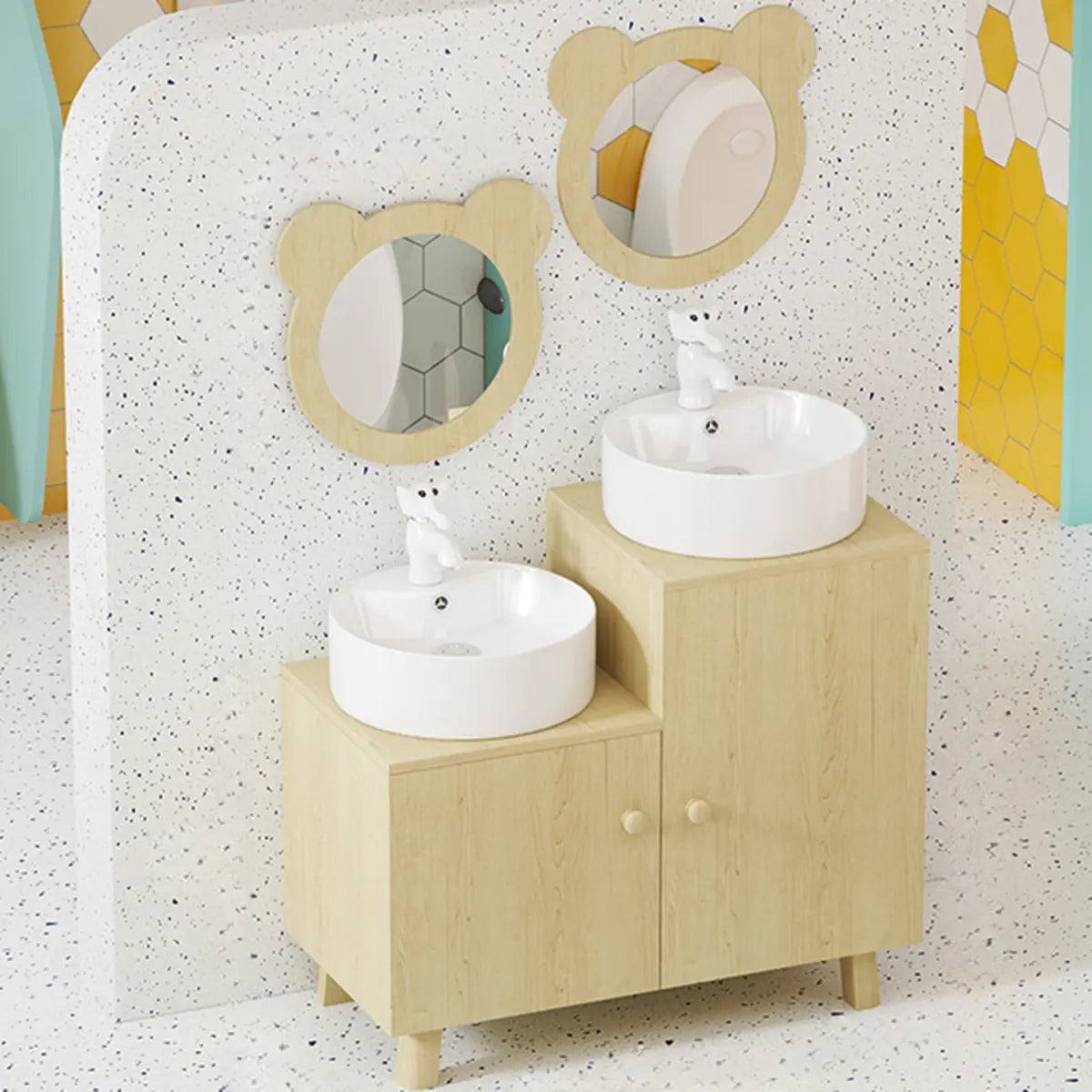 Lemon Bear Shape Wood Triple Bathroom Vanity with Cabinet Image - 16