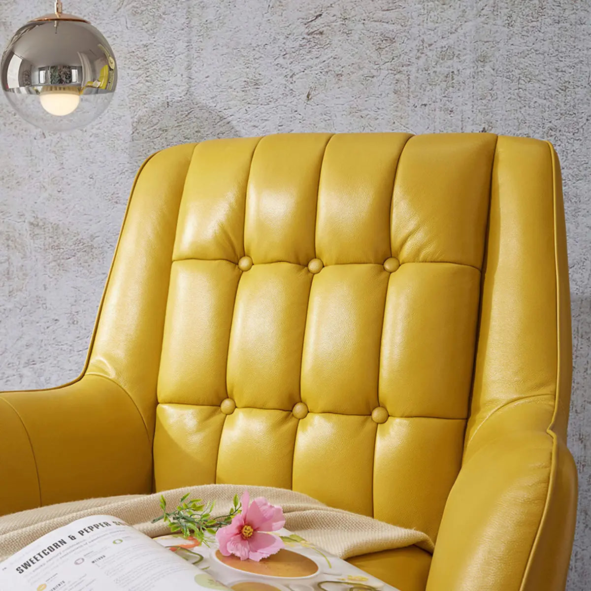 Lemon Yellow Full Grain Cow Leather Mid-Back Arm Chair Image - 5