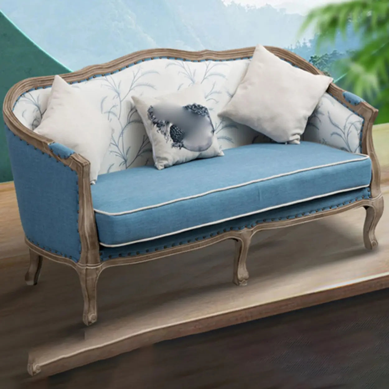 Light Blue Linen Sloped Arms Tight Back Curved Loveseat Image - 1