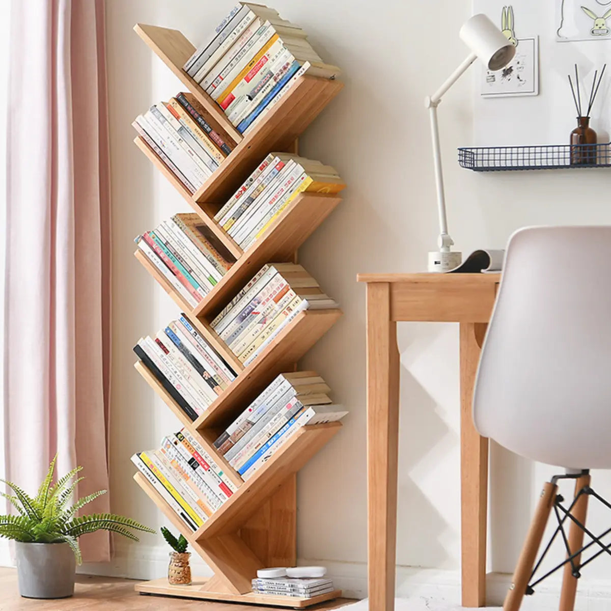 Light Brown Trendy Tree-Shaped Rubberwood Bookcase Image - 4