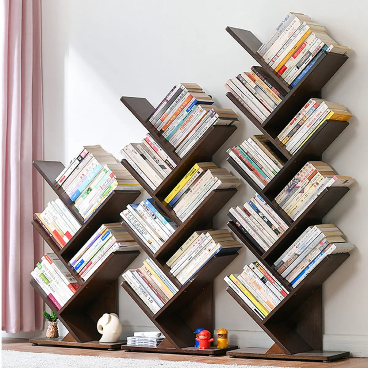 Light Brown Trendy Tree-Shaped Rubberwood Bookcase Image - 6