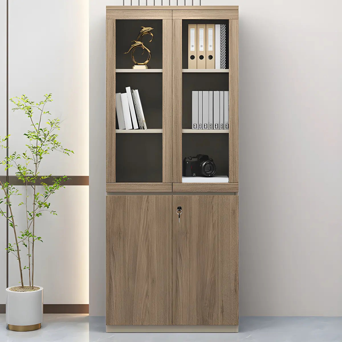 Light Brown Vertical Wood Large Lockable Filing Cabinet Image - 1