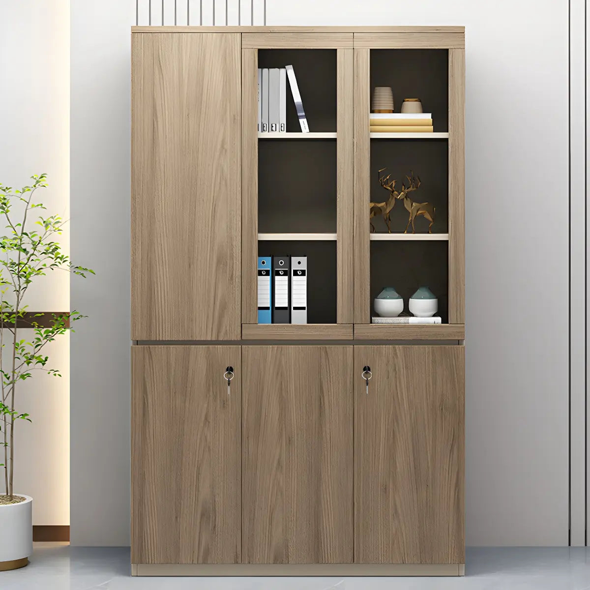 Light Brown Vertical Wood Large Lockable Filing Cabinet Image - 2