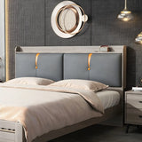 Light Gray Upholstered Rectangle Headboard with Shelves Image - 9