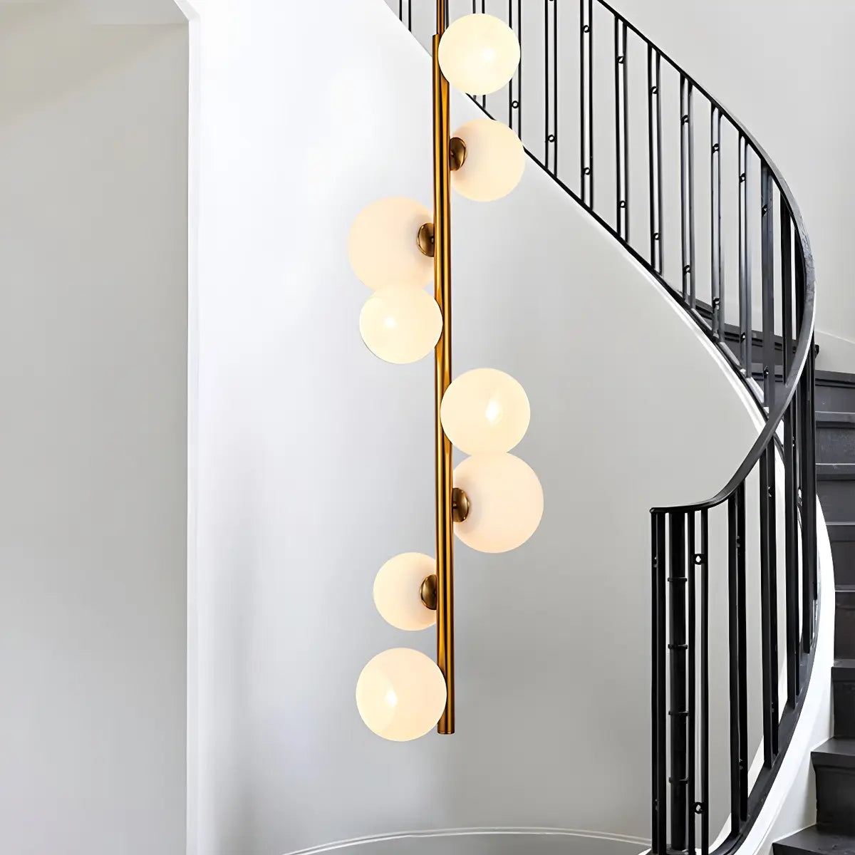 Line Brass Globe Glass 8-Light Downrod Foyer Chandelier Image - 2