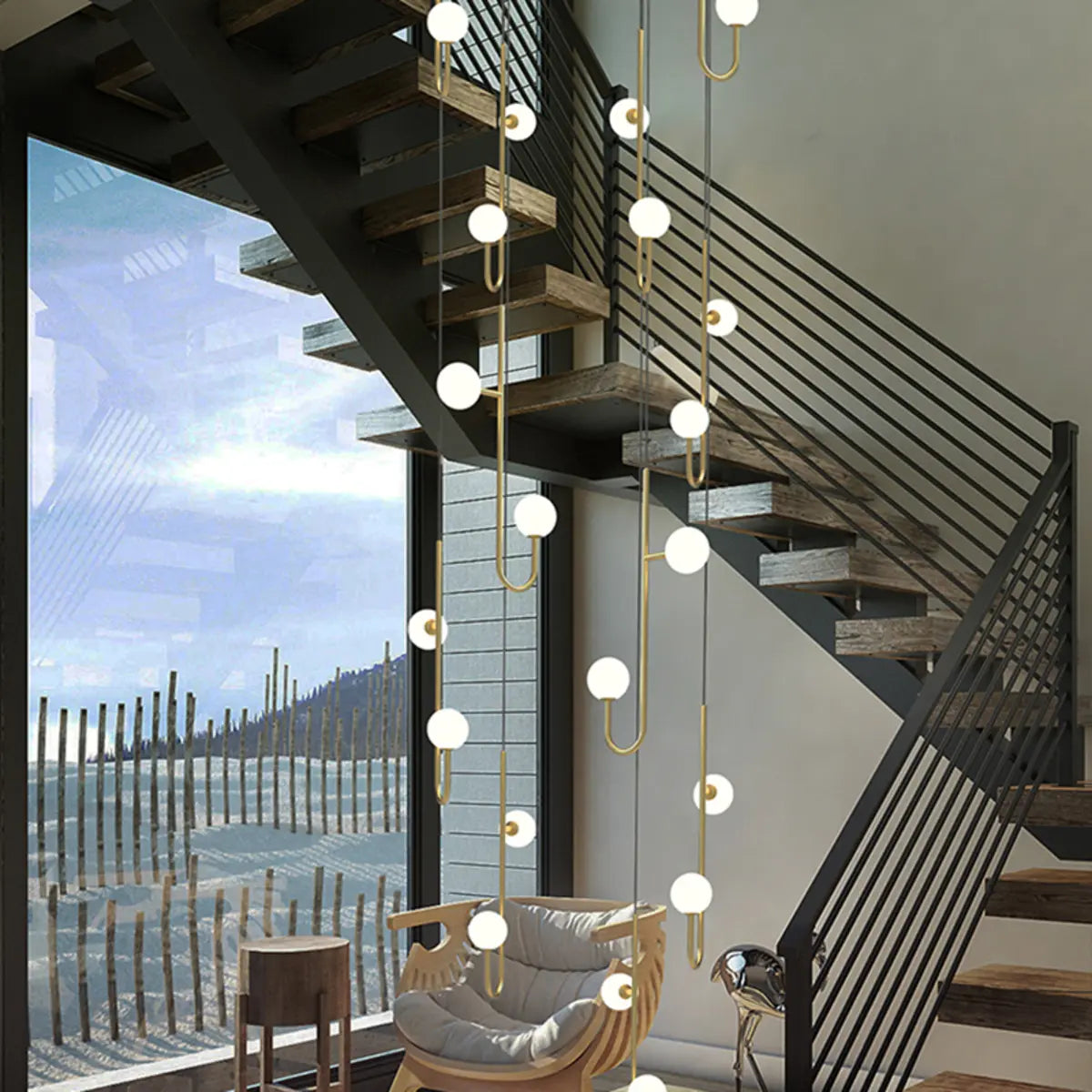 Linear Spiral Glass Ball Metal Black Foyer Chandelier Image - 16