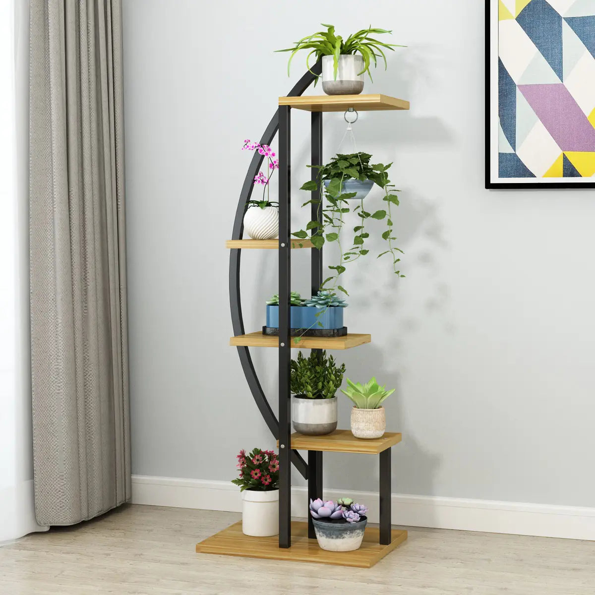 Living Room 4 Tiers Curved Wooden Storage Plant Stand Image - 10