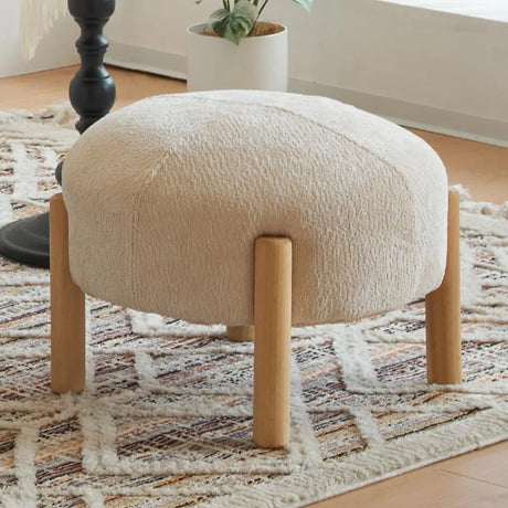 Living Room Beige Round Plush Wood Footstool Ottomans Image - 1