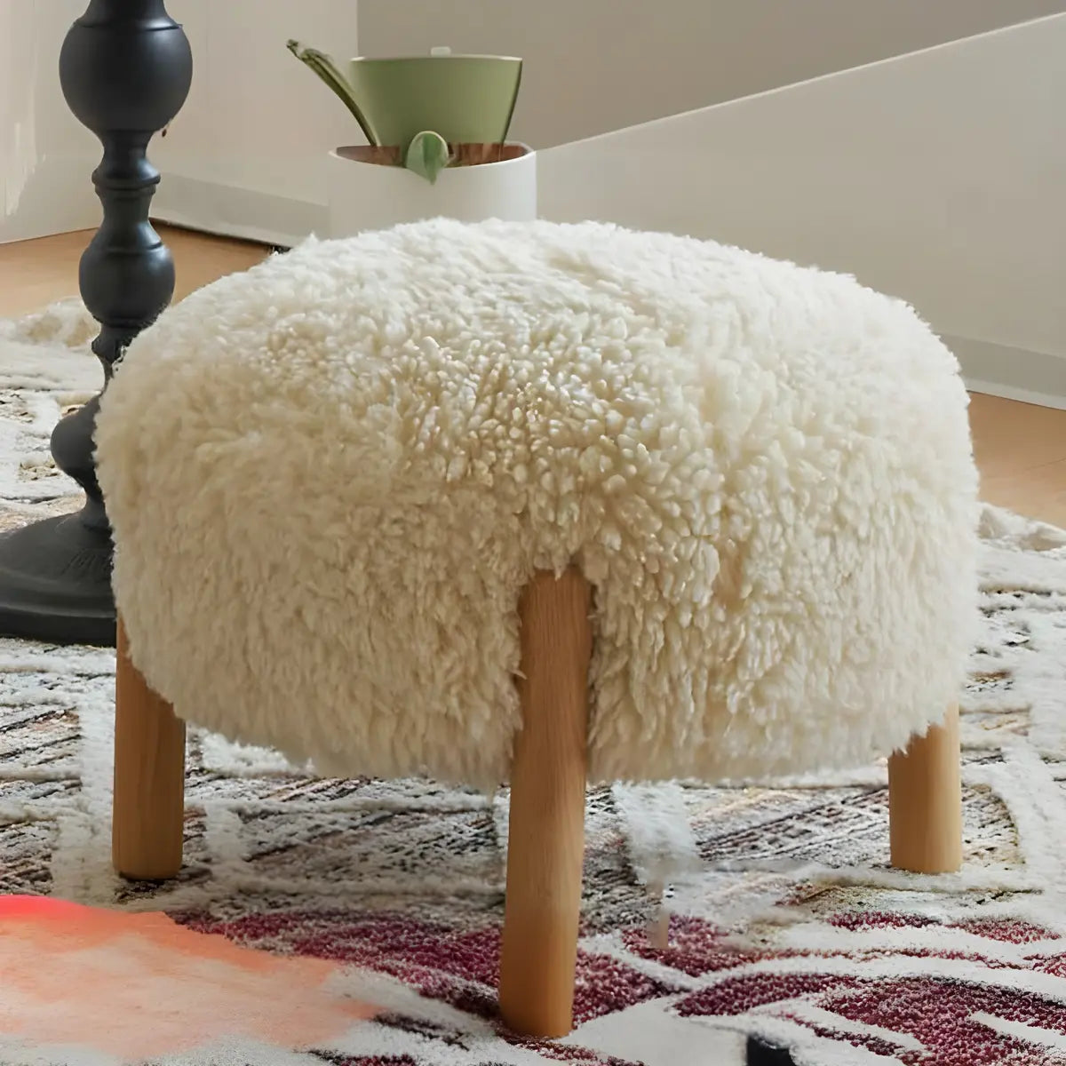 Living Room Beige Round Plush Wood Footstool Ottomans Image - 4