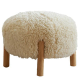 Living Room Beige Round Plush Wood Footstool Ottomans Image - 7