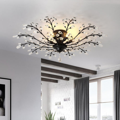 Living Room Black Crystal Branch Semi-Flush Mount Light Image - 1