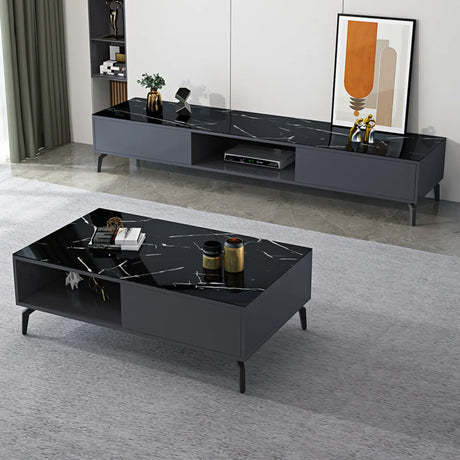 Living Room Black Glass Open Storage Cabinet TV Stand Image - 1