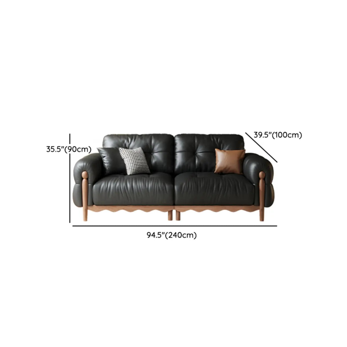 Living Room Black Leather Wood Frame Sofa with Pillow 